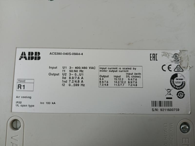 Abb Acs380-040S-09A4-4 Variable Frequency Inverter 30Vdc 50/60 Hz 100 Ka