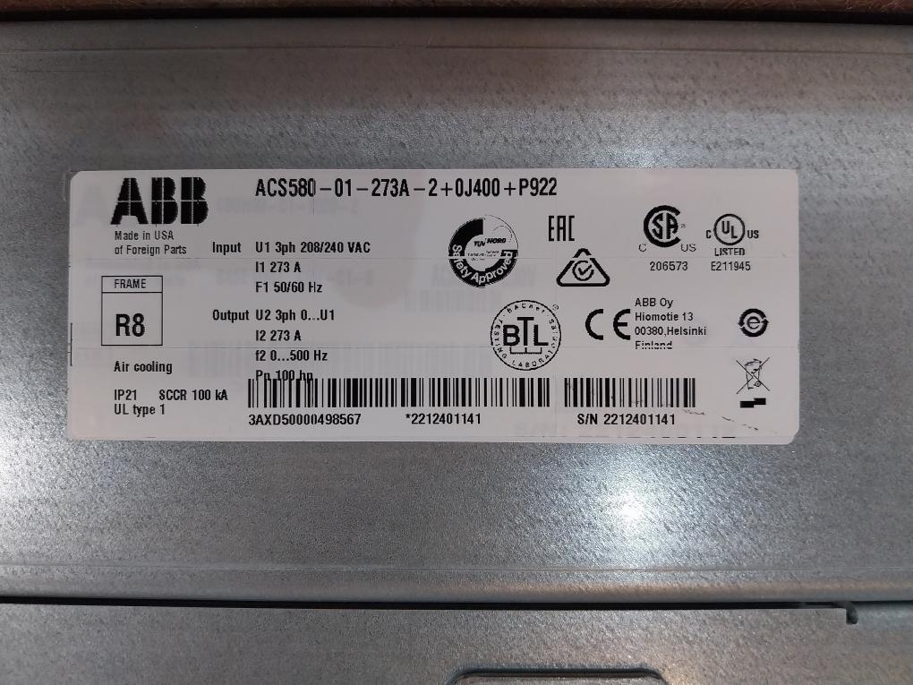 Abb Acs580-01-273A-2 Ac General Purpose Wall-mounted Drive W/ Dc Axial Fan