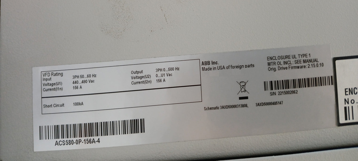 Abb Acs580-0P-156A-4 Drive For Hvac Enclosed Industrial Control Panel 440-480Vac