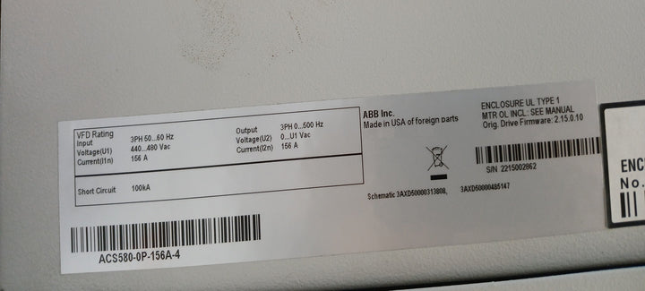 Abb Acs580-0P-156A-4 Drive For Hvac Enclosed Industrial Control Panel 440-480Vac