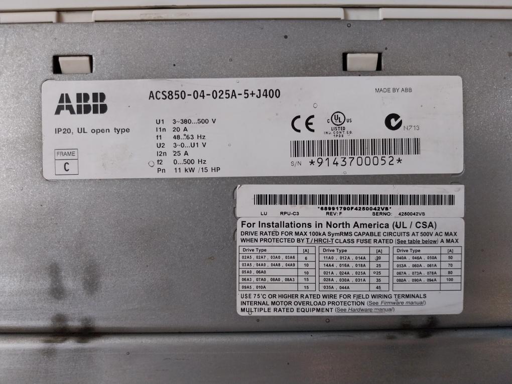 Abb Acs850-04-025A-5+J400 Drive Module Ip20 3~380-500 V 20 A 48-63Hz