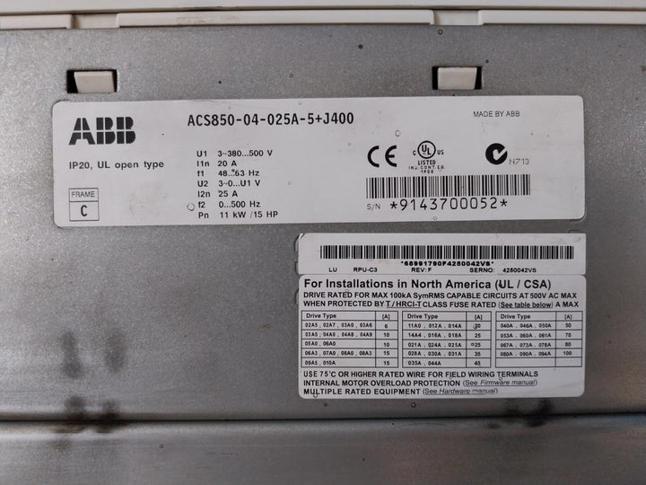 Abb Acs850-04-025A-5+J400 Drive Module Ip20 3~380-500 V 20 A 48-63Hz