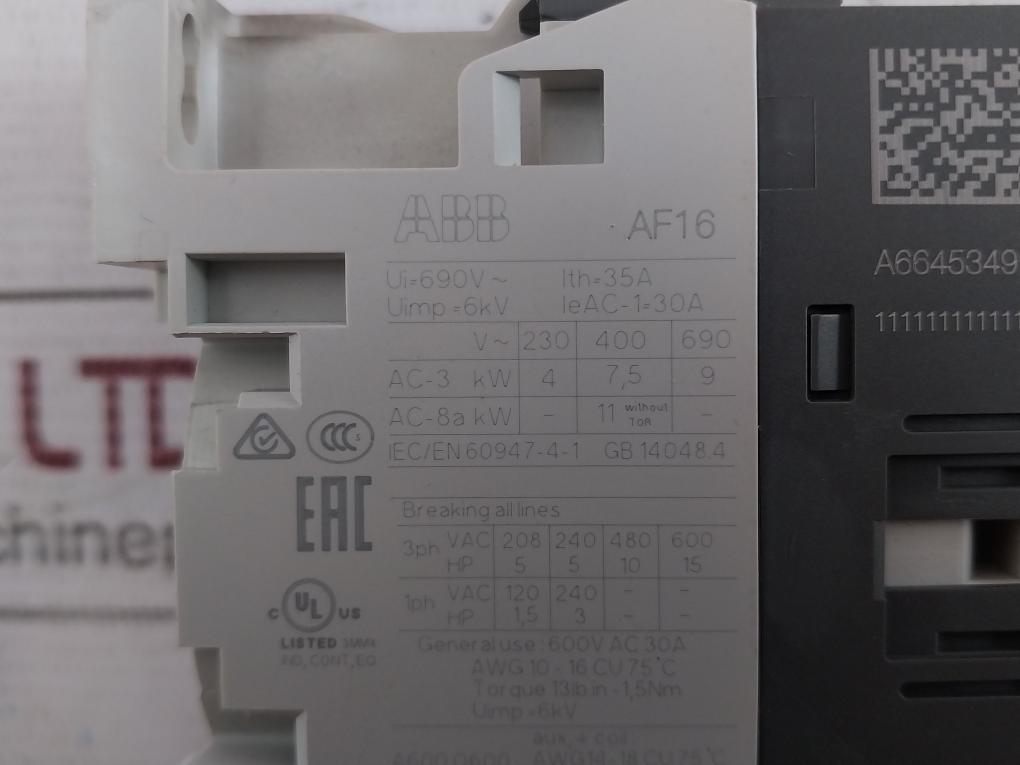 Abb Af16-30-01-13 Contactor 100-250V 50/60Hz-dc 690V 35A 6Kv 600Vac 30A