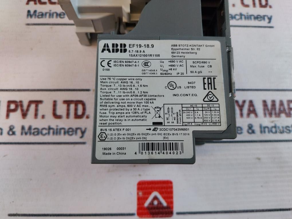 Abb Af16Z-30-01-21 Contactor W/ Ef19-18.9 Overload Relay 50/60Hz
