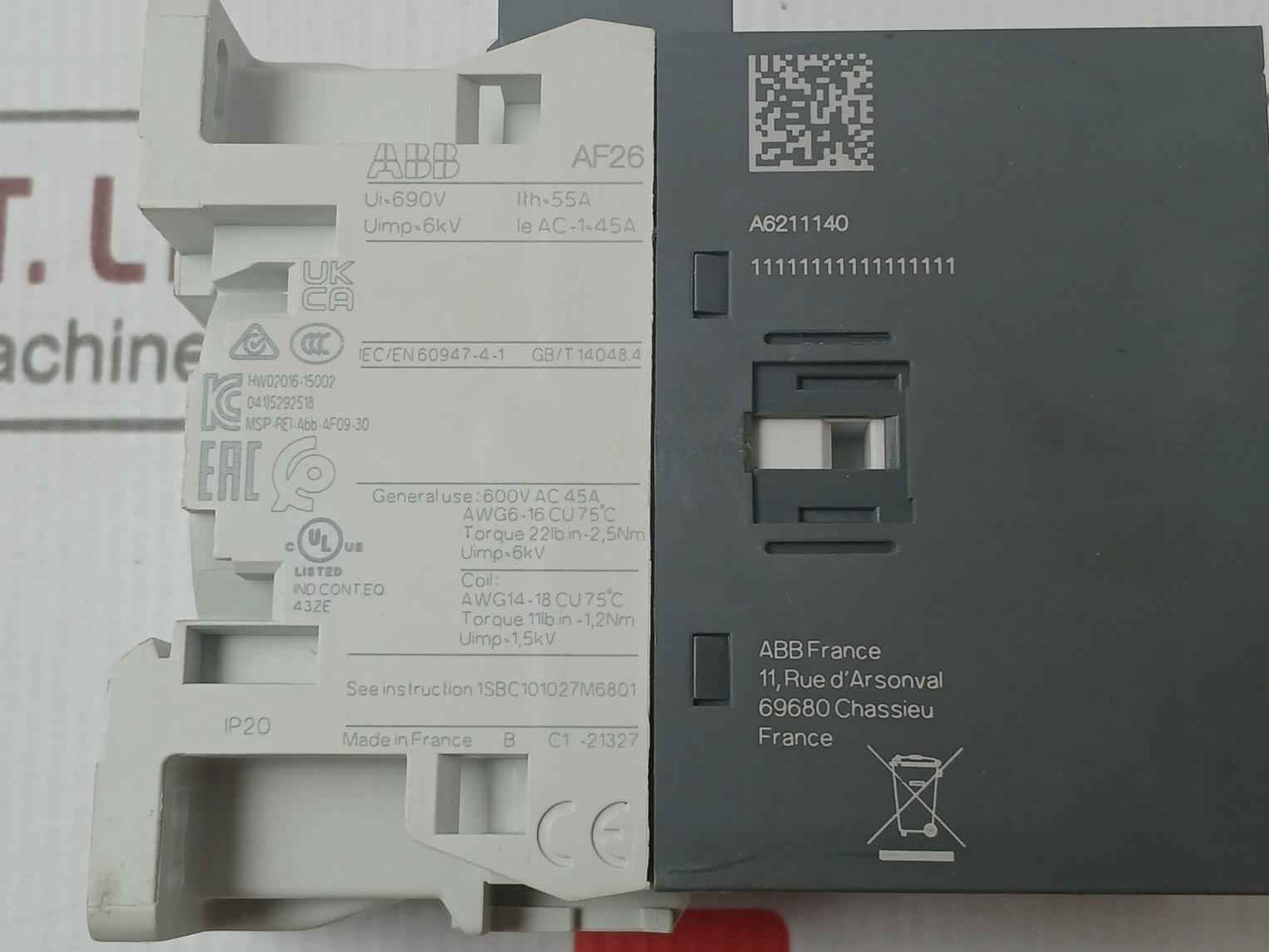 Abb Af26-40-00-11 Contactor 24–60 Vac 55A 50/60Hz Awg 6–16 1.5Kv