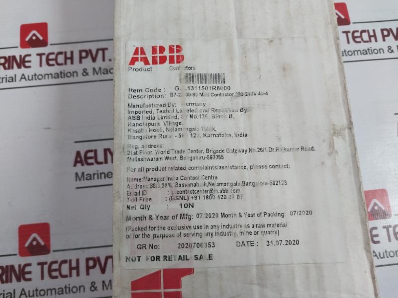 Abb B7-22-00-80 Mini Contactor 16A 600V Ac A600 220-240V 40-450Hz