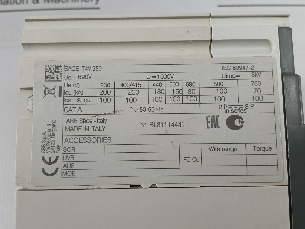 Abb Circuit Breaker 690V/50-60Hz Sace T4V 25