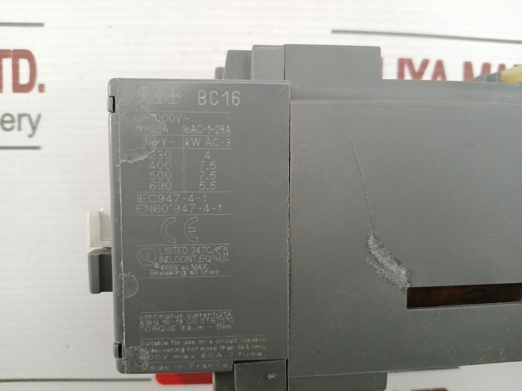 Abb Contactor Part No: Bc16-40-00, 21A 600Vac