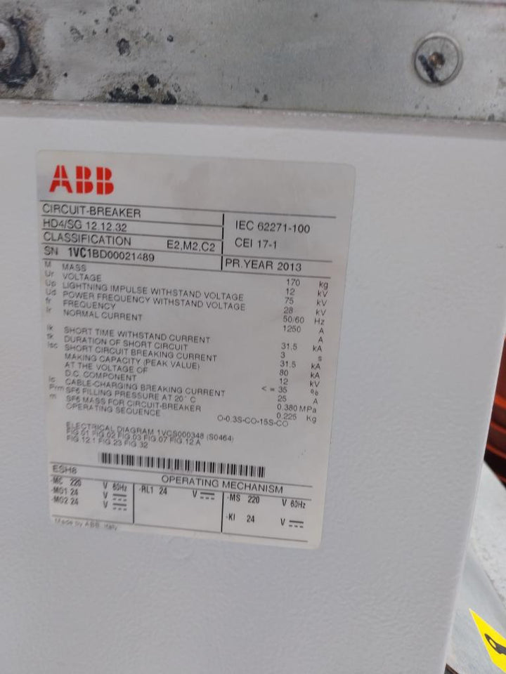 Abb Hd4/Sg 12.12.32 Sf6 Circuit-breaker 12 Kv 50/60 Hz 1250 A