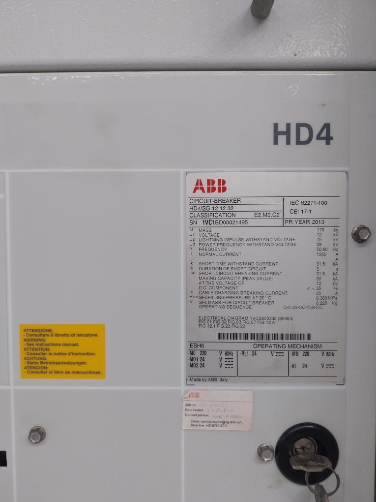 Abb Hd4/Sg 12.12.32 Sf6 Circuit Breaker 1250 A 12 Kv 50/60 Hz