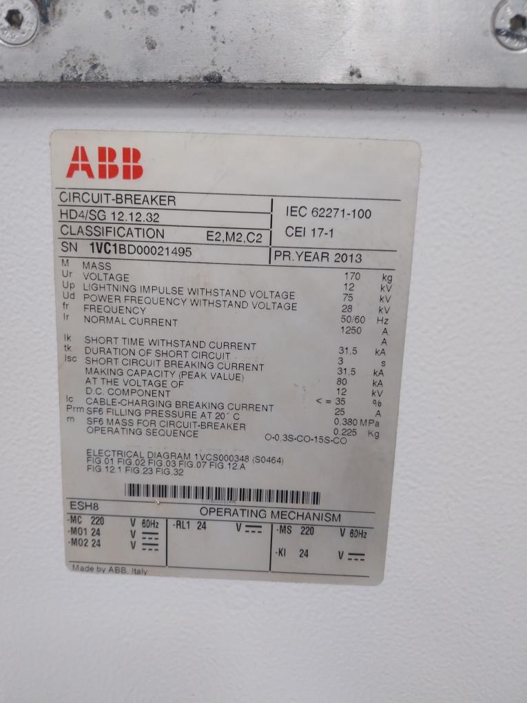 Abb Hd4/Sg 12.12.32 Sf6 Circuit Breaker 1250 A 12 Kv 50/60 Hz