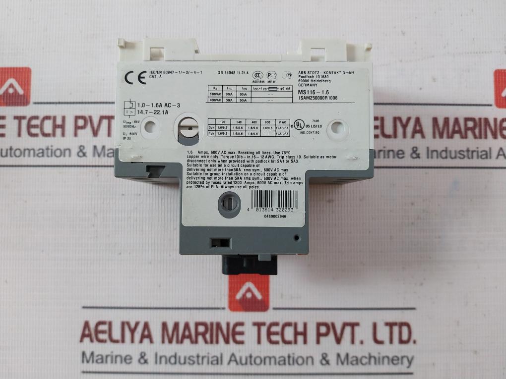 Abb Ms116-1.6 Motor Protection Circuit Breaker A001546 50/60Hz 1,6 Amps 600V Ac