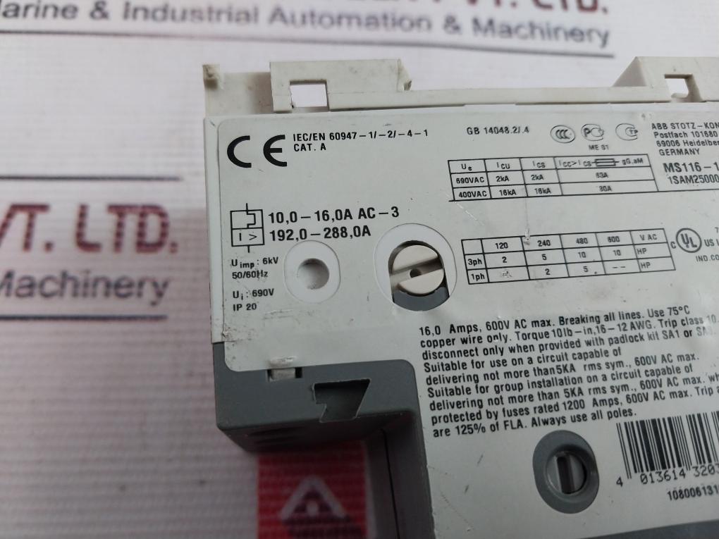 Abb Ms116-16 Manual Motor Starter 1Sam250000R1011 Ip20
