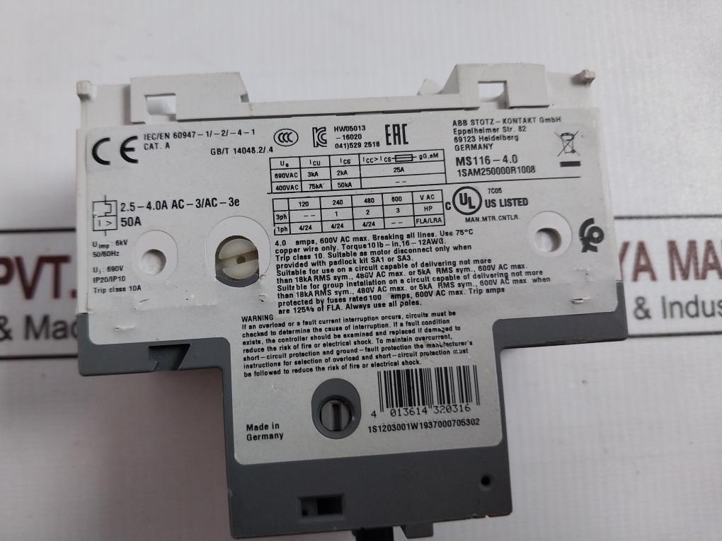Abb Ms116 Manual Motor Starter 1Sam250000R1008 600V Ac 10A 6Kv Ip20/Ip10