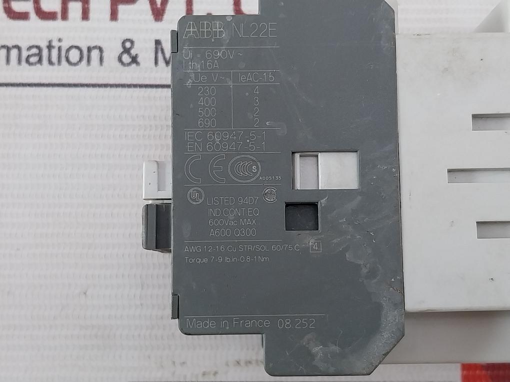 Abb Nl22E Contactor Relay 600Vac Max Awg 12-16 Cu