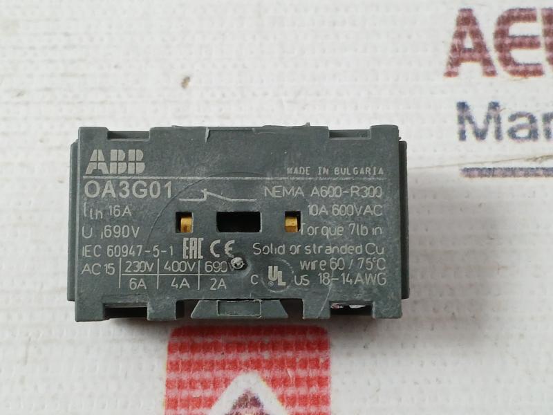 Abb Oa3G01 Auxiliary Contact Nema A600-r300 690V 18-14 Awg 10A 600Vac