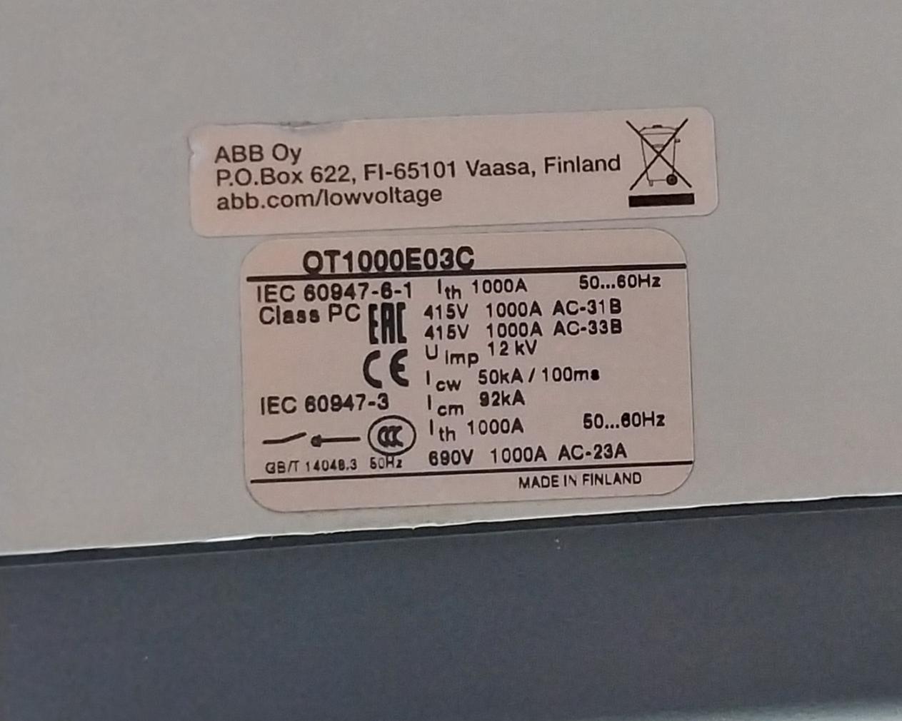 Abb Ot1000E03C Manual Change-over Switch 1000A 50/60 Hz Iec 60947-6-1