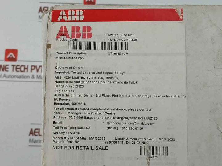 Abb Ot160E04C Manual Change-over Switch Unit 4P 415V 160A Ac-31B