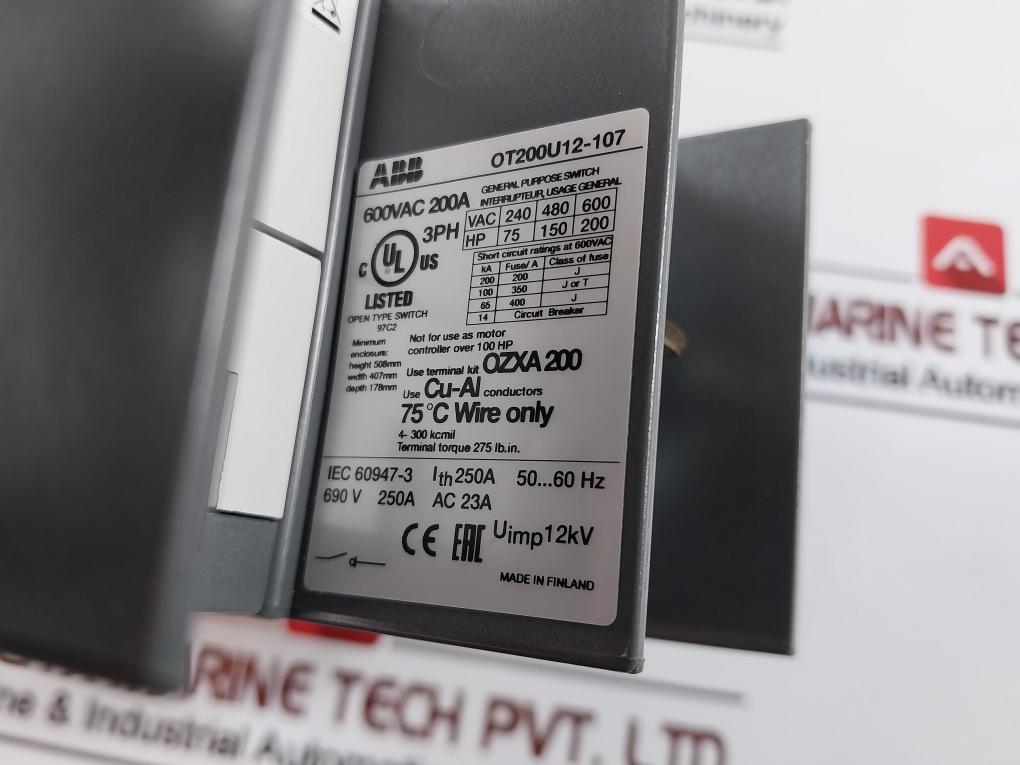Abb Ot200U12-107 Base Mount Non-fusible Disconnect Switch 600Vac 200A 12Kv
