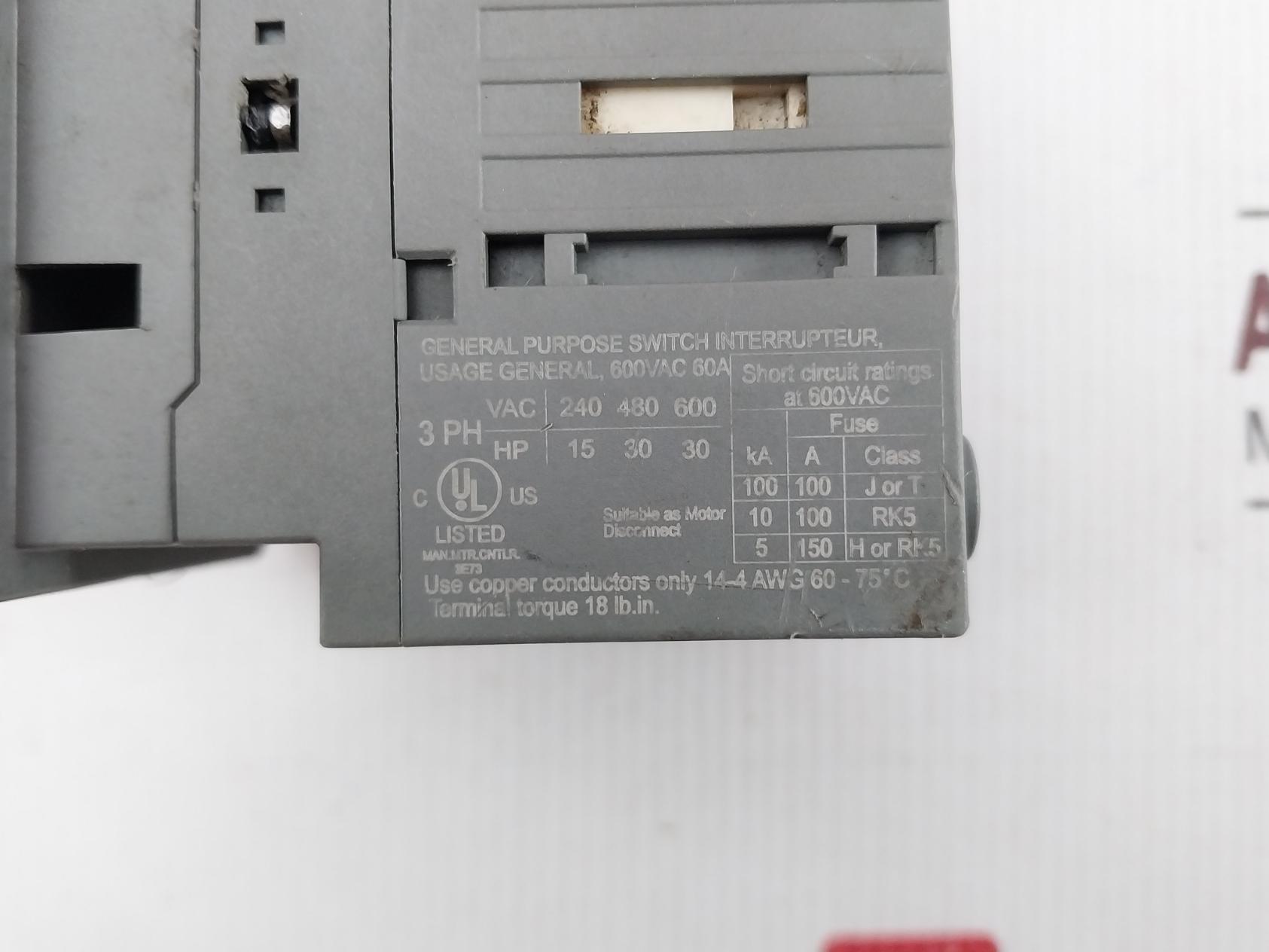 Abb Ot63Ft4N2 Diconnect Switch 600Vac-60A-50-60Hz