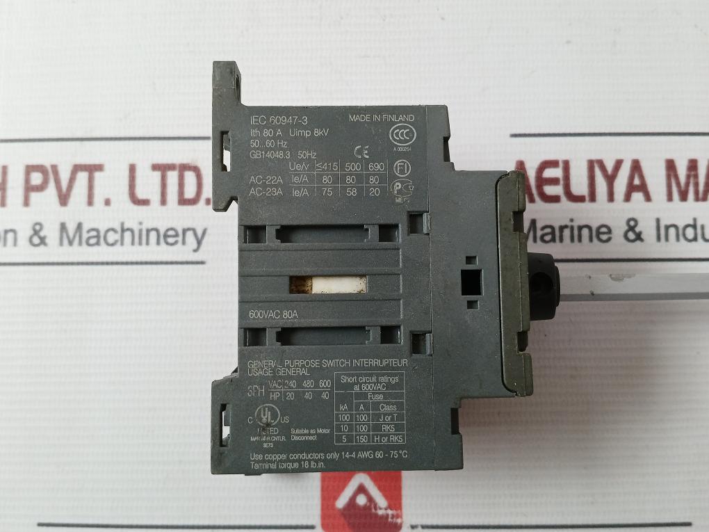 Abb Ot80F3 Switch-disconnector 50-60Hz 600Vac 80A Awg 60-75C A000264