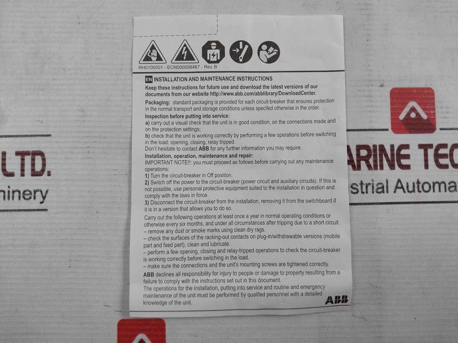Abb Ra8111807 Front Terminal Assembly Kit Ra8965001 Rev F