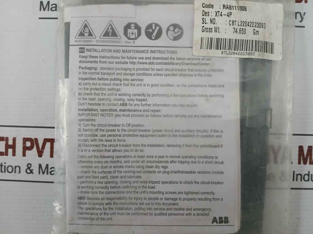Abb Ra8111808 Installation Kit For Xt4 4P Circuit Breaker