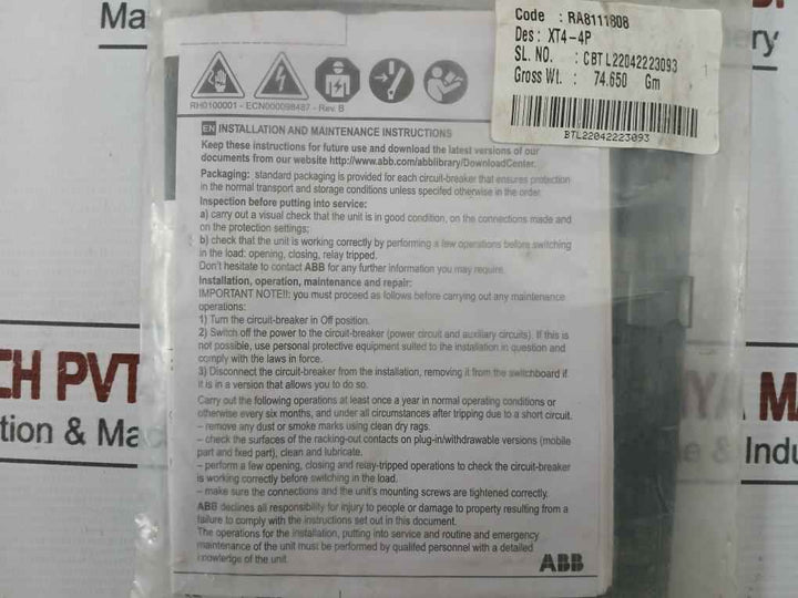 Abb Ra8111808 Installation Kit For Xt4 4P Circuit Breaker