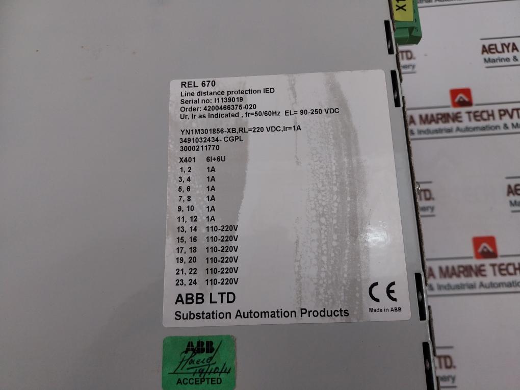 Abb Rel 670 Line Distance Protection Relay 90-250 Vdc 50/60Hz 1A