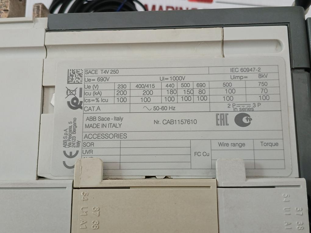 Abb 3-pole Circuit Breaker 1000V/50-60Hz Part No Sace Tmax T4V 250