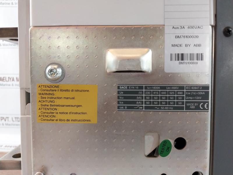 Abb Sace E1N 16 Emax Circuit Breaker 690V 50Ka 12Kv 3A 400Vac
