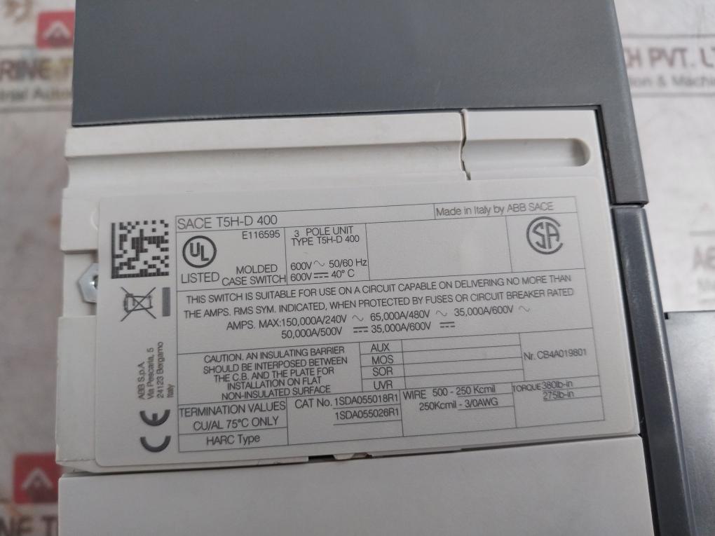 Abb T5H-d 400 3 Pole Unit Circuit Breaker Sace 600V-50/60Hz 1Sda55018R1 275Lb-in