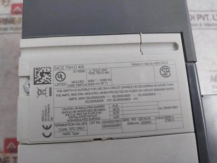 Abb T5H-d 400 3 Pole Unit Circuit Breaker Sace 600V-50/60Hz 1Sda55018R1 275Lb-in