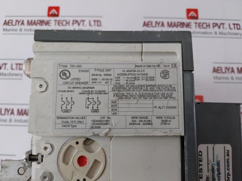 Abb Tmax T5H 400 3 Pole Circuit Breaker, 600V, 240V 150Ka, 480V 65Ka