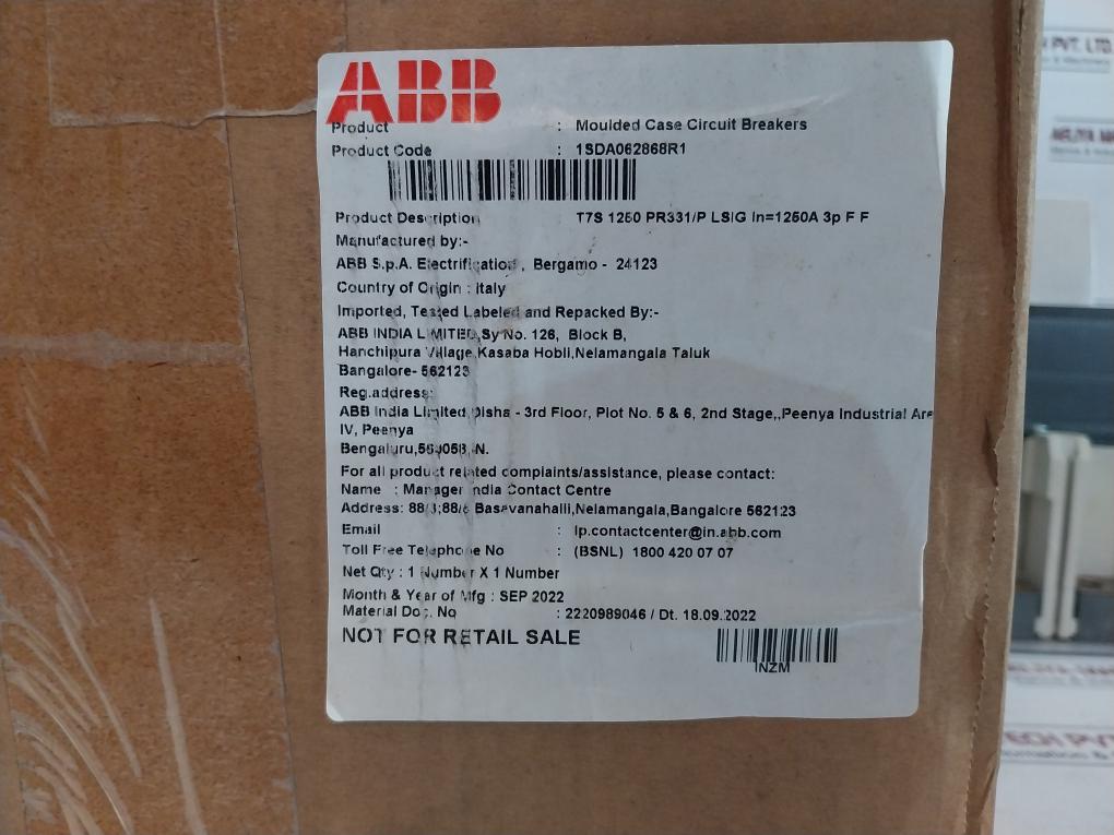 Abb Tmax T7S 1250 Circuit Breaker Iec 60947-2 Ra6708801 1Sda085117R1
