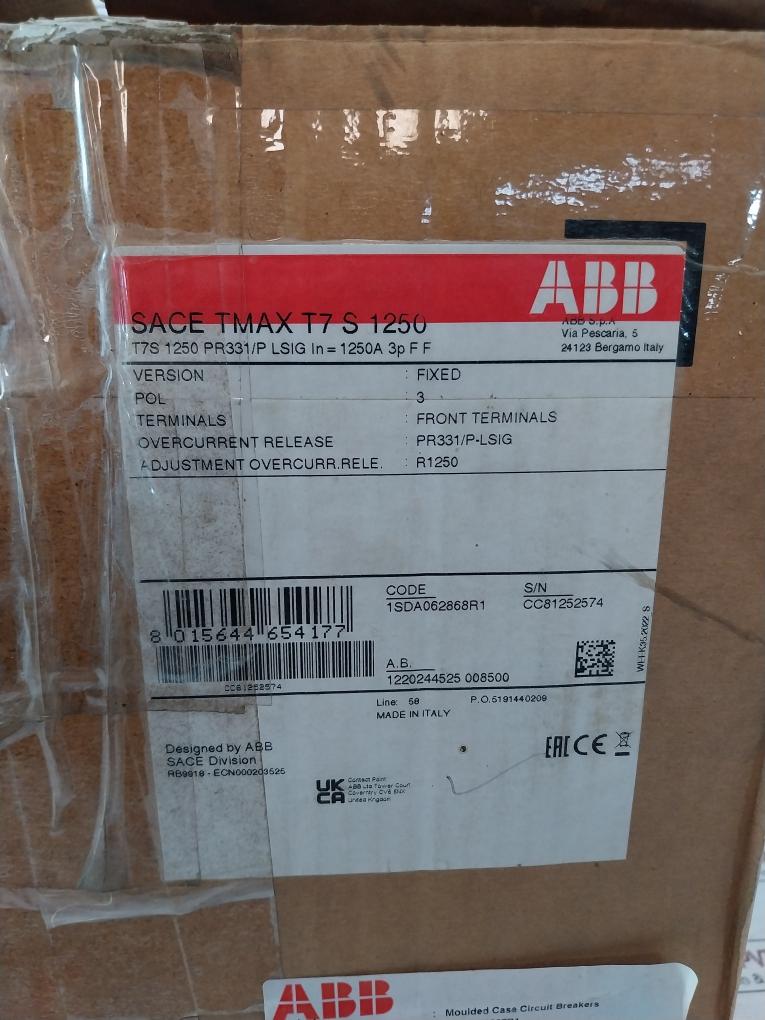 Abb Tmax T7S 1250 Circuit Breaker Iec 60947-2 Ra6708801 1Sda085117R1