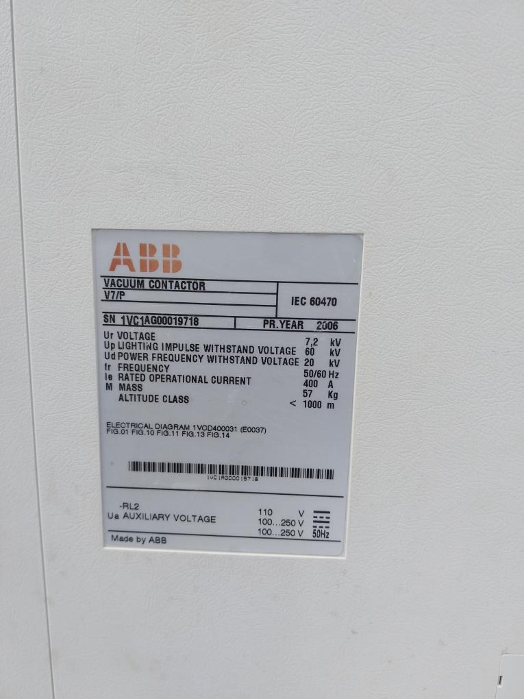 ABB V7/P Vacuum Contactor 1VC1AG00019718 7.2 kV 100A 50kA 50/60 Hz