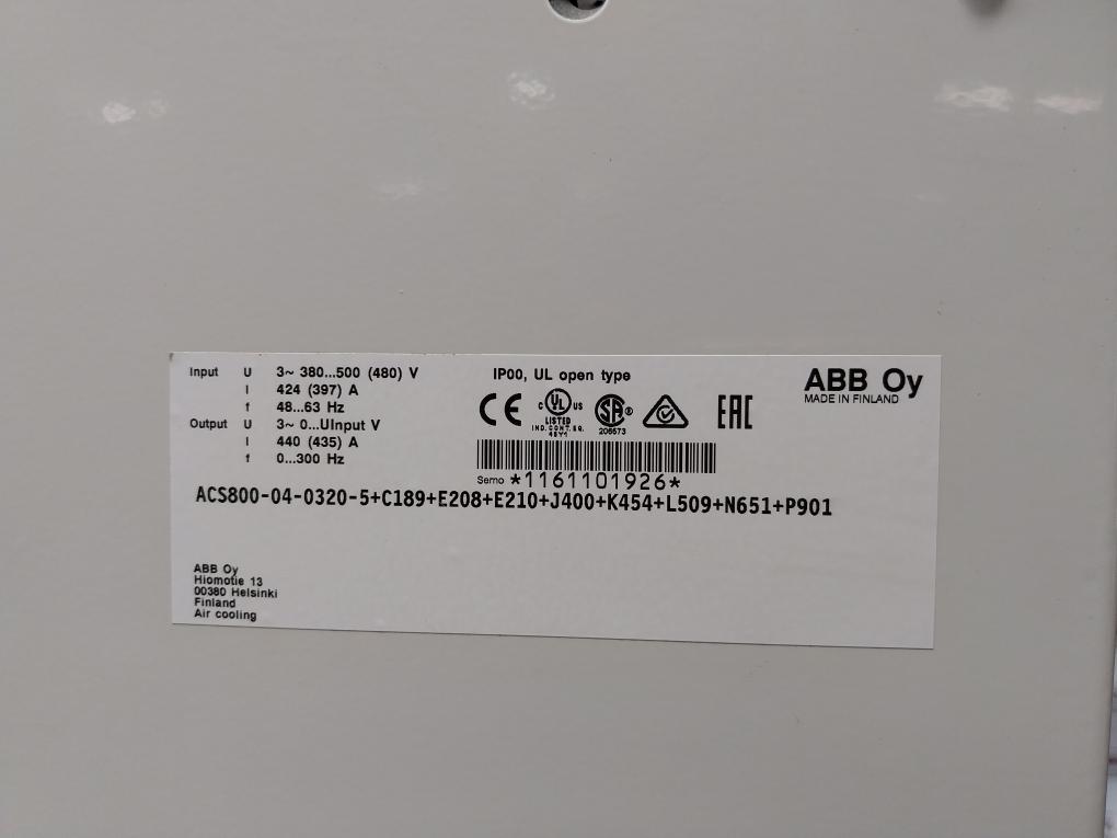 Abb Vfd Frequency Drive Acs800-04-0320-5+C189+E208+E210+J400+K454+L509+N651+P901