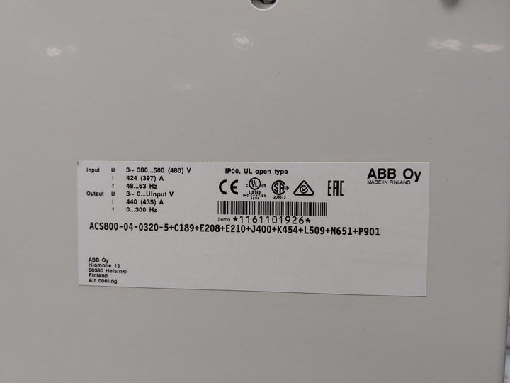 Abb Vfd Frequency Drive Acs800-04-0320-5+C189+E208+E210+J400+K454+L509+N651+P901