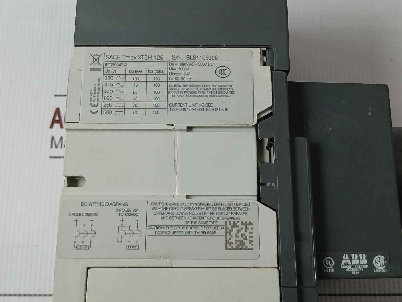 Abb Xt2h-125 Molded Case Circuit Breaker Sace Tmax 690v Ac-500v Dc 703-46