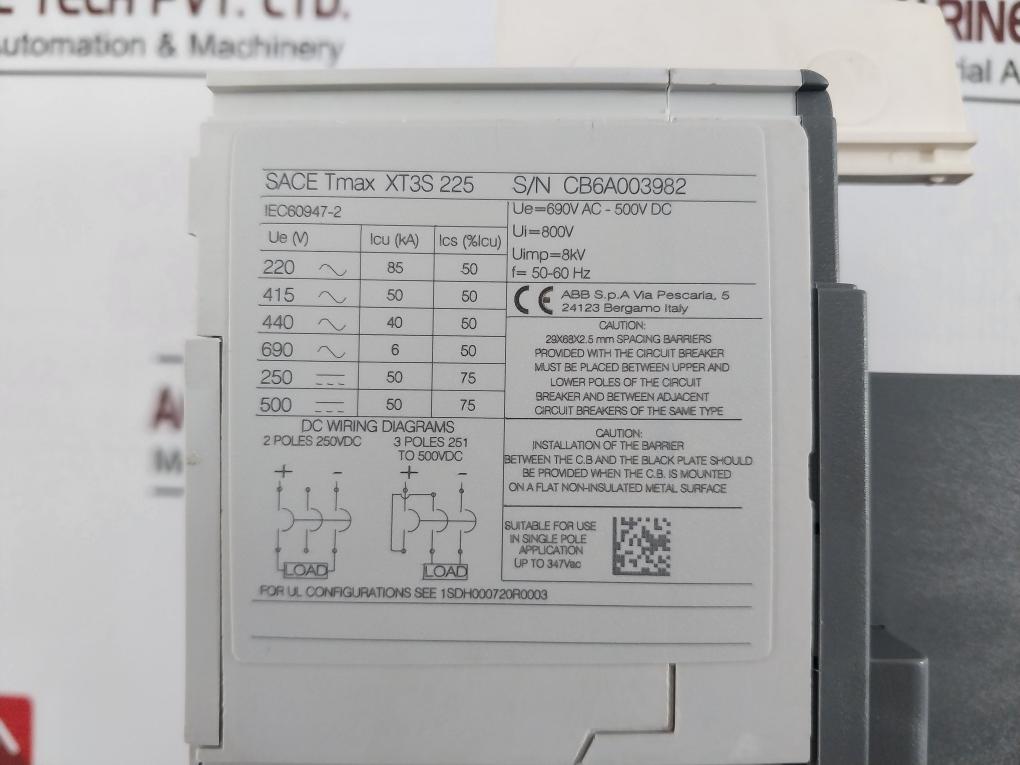 Abb Xt3S 225 Sace Tmax Circuit Breaker 2250A 800V 50-60Hz 8Kv Ra5580827