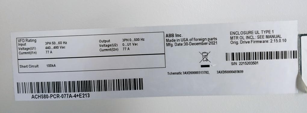 Abb Ach580-pcr-077A-4+E213 Hvac Drive With Circuit Breaker Disconnect 440-480Vac