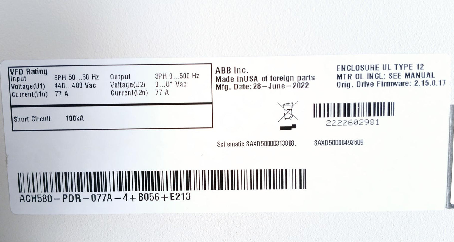 Abb Ach580-pdr-077A-4+B056+E213 Hvac Drive With Disconnect Us 250Vac