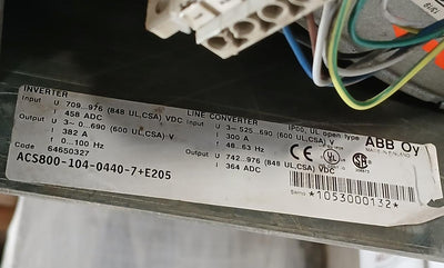 Abb Acs800-104-0440-7+E205 Inverter Drive 64650327 Ip00 709–976 Vdc 458 A