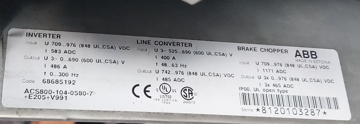 Abb Acs800-104-0580-7+E205+V991 Industrial Inverter Drive 709–976 Vdc 583A 68685