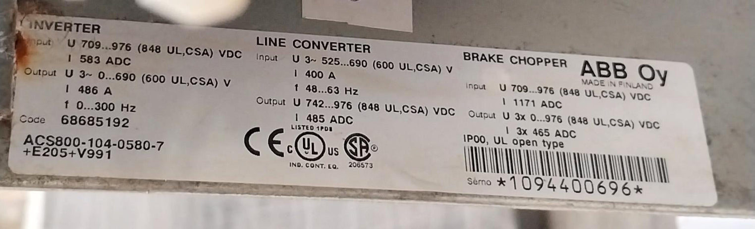 Abb Acs800-104-0580-7+E205+V991 Inverter Drive Module 68685192 709–976 Vdc.