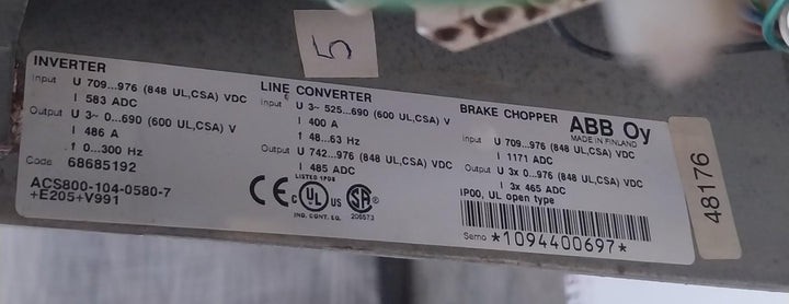 Abb Acs800-104-0580-7+E205+V991 Inverter Drive Module 68685192 709–976 Vdc Ip00.