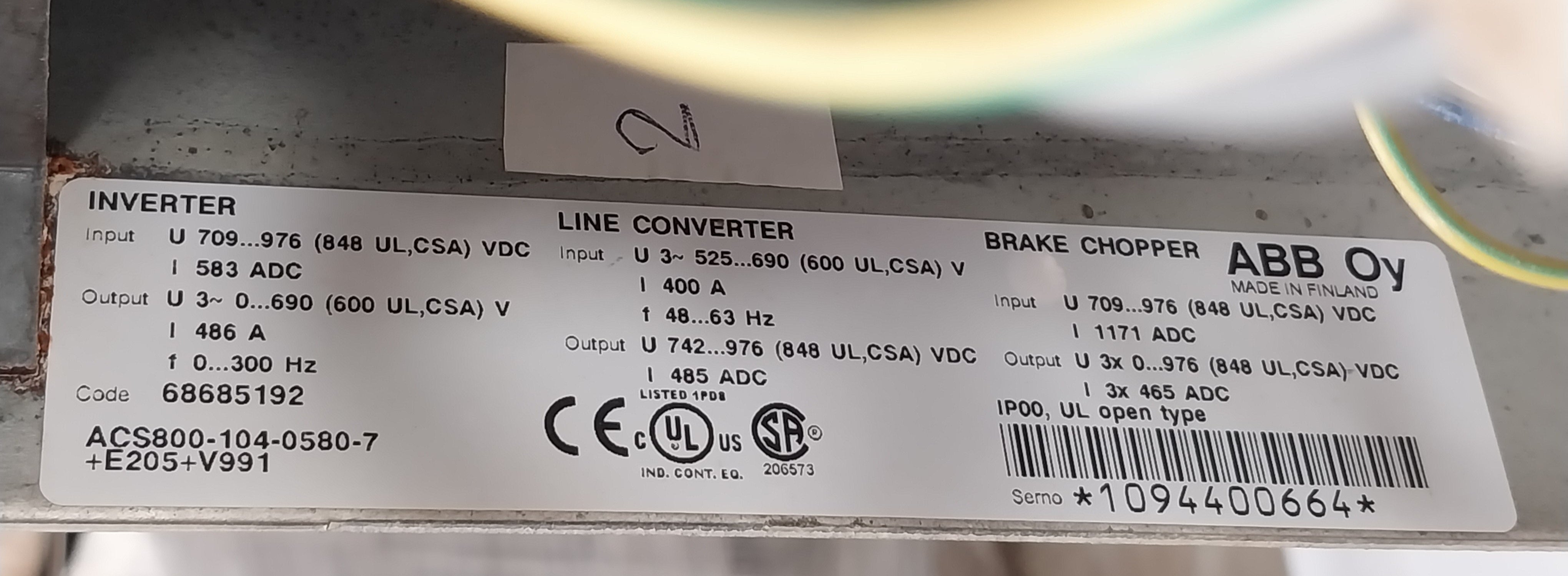 Abb Acs800-104-0580-7+E205+V991 Inverter Drive Module 68685192 Ip00 709–976 Vdc