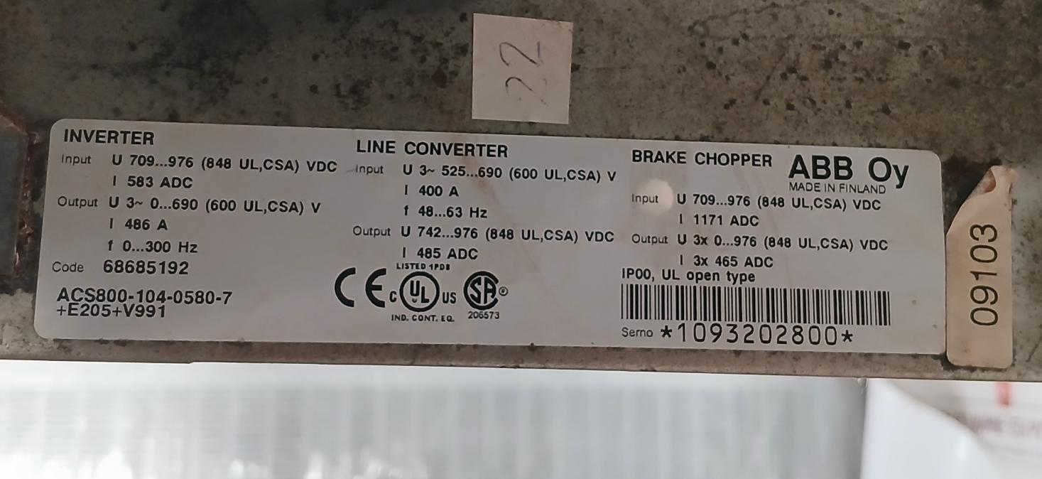 Abb Acs800-104-0580-7+E205+V991 Inverter Drive Module 709–976 Vdc 583 A Ip00