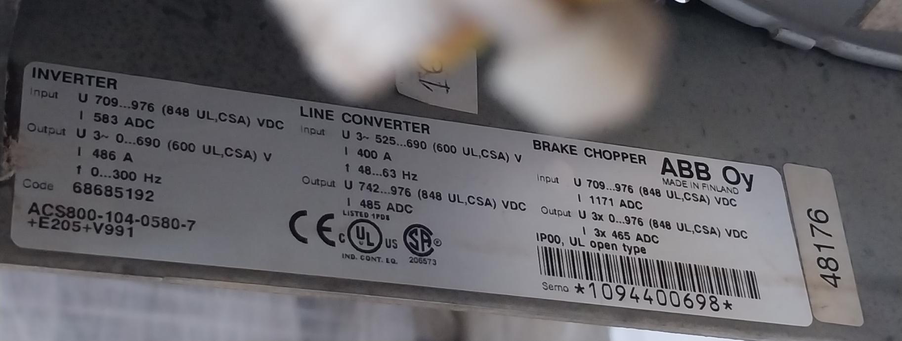 Abb Acs800-104-0580-7+E205+V991 Inverter Drive Module Ip00 68685192 709–976 Vdc